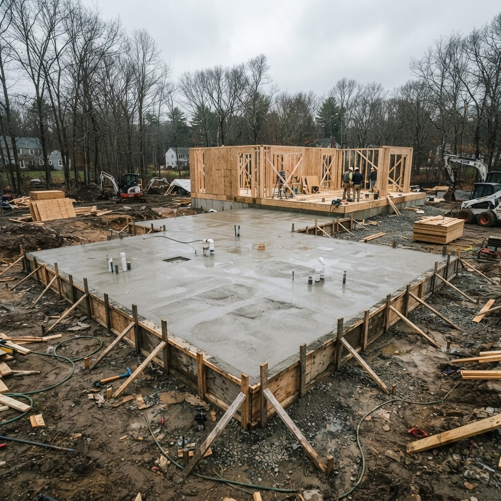 Freshly poured concrete foundation slab with wooden forms at a new home construction site